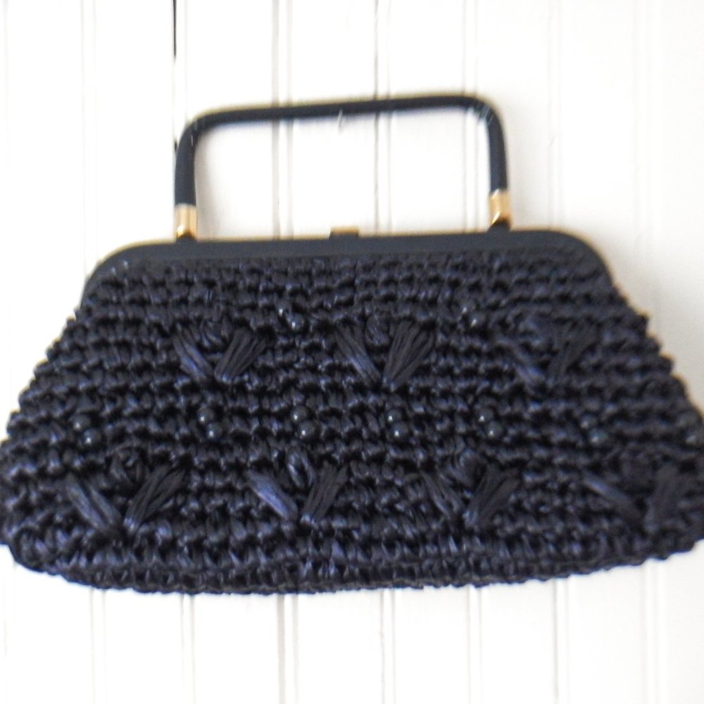 Navy Blue Straw Clasp Handbag